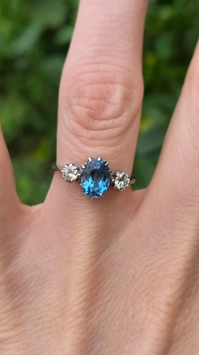 Vintage: 18ct White Gold & Platinum Aquamarine 1.55ct & Diamond 0.34ct Three-Stone Ring