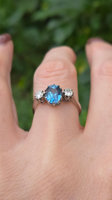 Vintage: 18ct White Gold & Platinum Aquamarine 1.55ct & Diamond 0.34ct Three-Stone Ring
