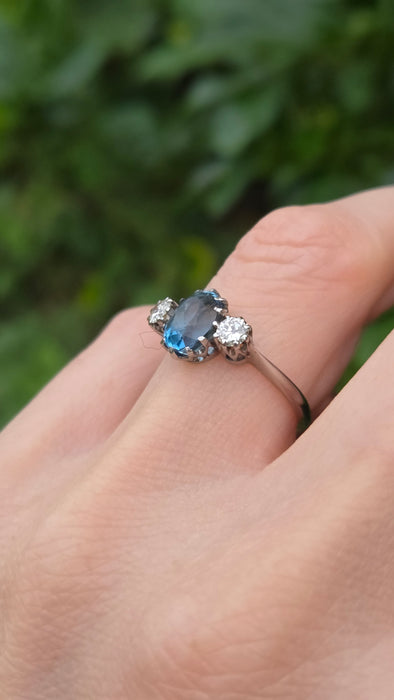 Vintage: 18ct White Gold & Platinum Aquamarine 1.55ct & Diamond 0.34ct Three-Stone Ring