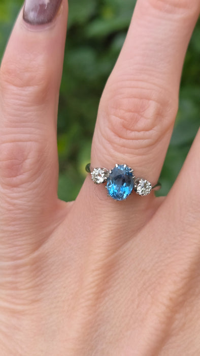 Vintage: 18ct White Gold & Platinum Aquamarine 1.55ct & Diamond 0.34ct Three-Stone Ring