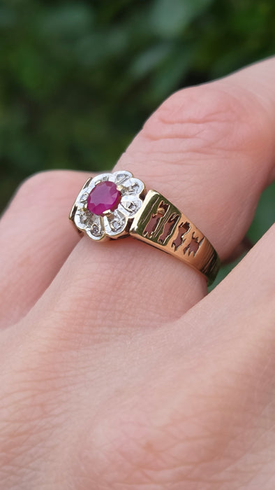 Vintage: 9ct Yellow Gold Ruby & Diamond Art Deco Target-Style Cluster Ring — From 1979