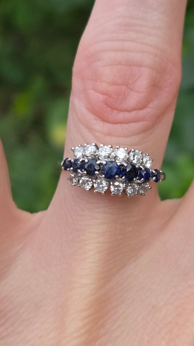 Vintage: 18ct White Gold Sapphire 0.69ct & Diamond 0.56ct Three Row Dress Ring — From 1977