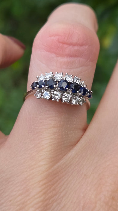 Vintage: 18ct White Gold Sapphire 0.69ct & Diamond 0.56ct Three Row Dress Ring — From 1977