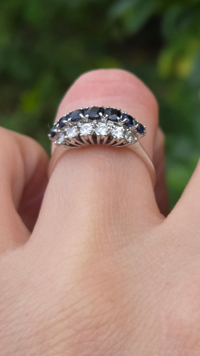 Vintage: 18ct White Gold Sapphire 0.69ct & Diamond 0.56ct Three Row Dress Ring — From 1977