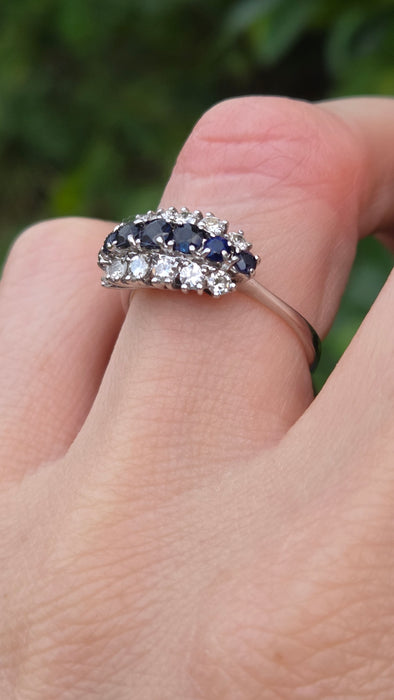 Vintage: 18ct White Gold Sapphire 0.69ct & Diamond 0.56ct Three Row Dress Ring — From 1977