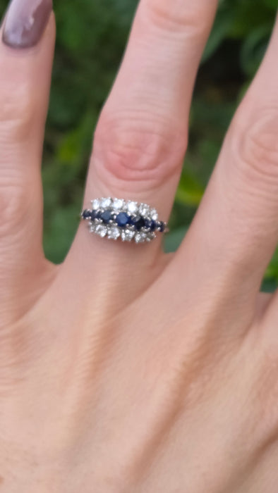 Vintage: 18ct White Gold Sapphire 0.69ct & Diamond 0.56ct Three Row Dress Ring — From 1977