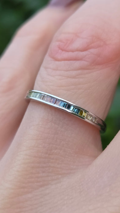 Vintage: 9ct White Gold Multi-Coloured Baguette Sapphire Half Eternity Ring