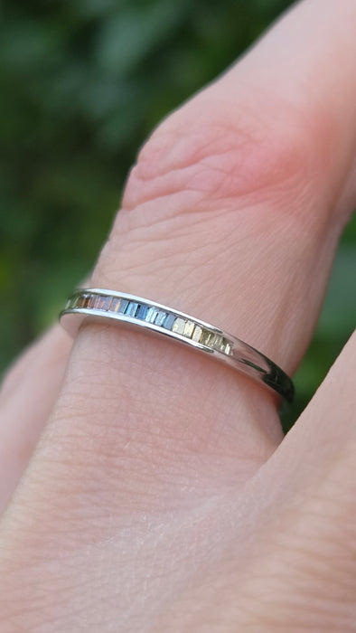 Vintage: 9ct White Gold Multi-Coloured Baguette Sapphire Half Eternity Ring