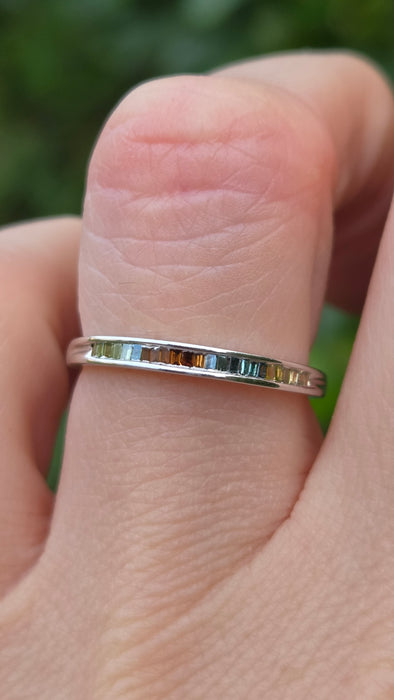 Vintage: 9ct White Gold Multi-Coloured Baguette Sapphire Half Eternity Ring