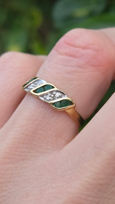 Vintage: 18ct Yellow Gold Emerald & Diamond Crossover Ring — From 1994