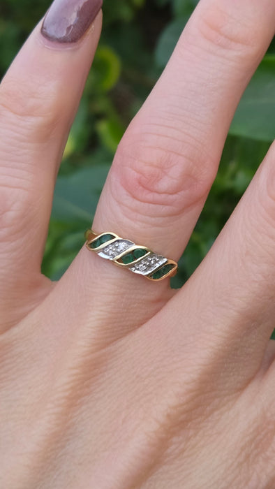 Vintage: 18ct Yellow Gold Emerald & Diamond Crossover Ring — From 1994