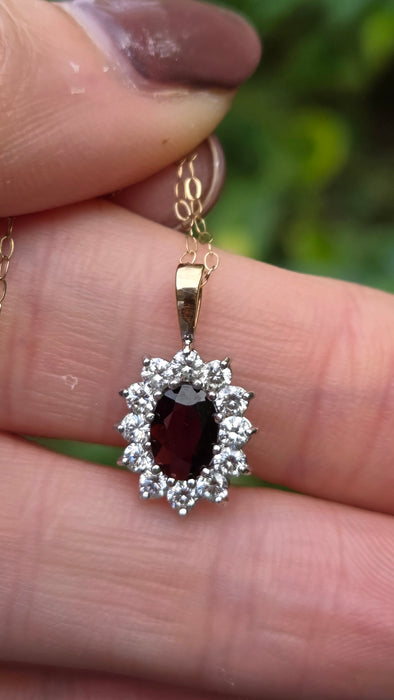 Vintage: 9ct Yellow Gold Garnet & Simulated Diamond Halo Pendant & Chain