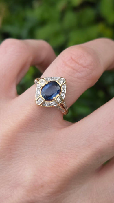 Vintage: 18ct Yellow Gold Sapphire 1.24ct & Diamond 0.20ct Art Deco Style Dress Ring