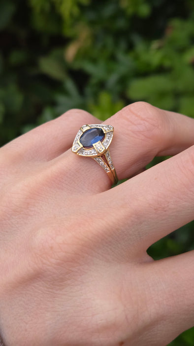 Vintage: 18ct Yellow Gold Sapphire 1.24ct & Diamond 0.20ct Art Deco Style Dress Ring