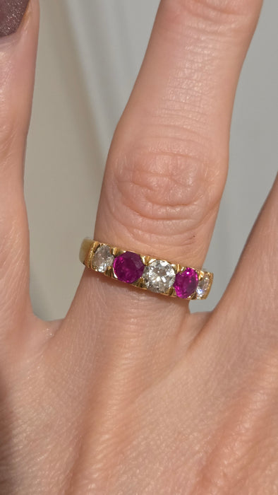 Vintage: 18ct Yellow Gold Ruby 1.02ct & Diamond 1.00ct Five Stone Half Hoop Ring