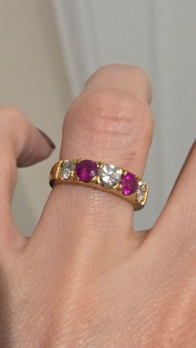 Vintage: 18ct Yellow Gold Ruby 1.02ct & Diamond 1.00ct Five Stone Half Hoop Ring
