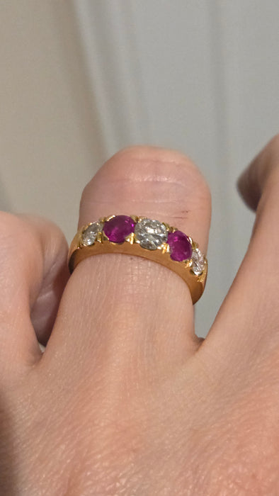 Vintage: 18ct Yellow Gold Ruby 1.02ct & Diamond 1.00ct Five Stone Half Hoop Ring
