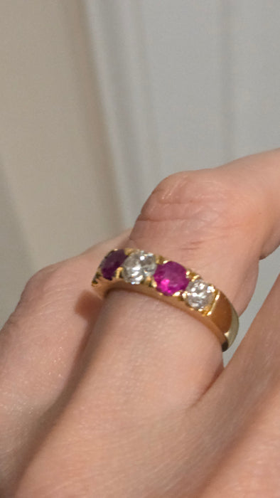 Vintage: 18ct Yellow Gold Ruby 1.02ct & Diamond 1.00ct Five Stone Half Hoop Ring
