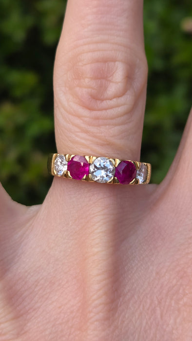 Vintage: 18ct Yellow Gold Ruby 1.02ct & Diamond 1.00ct Five Stone Half Hoop Ring