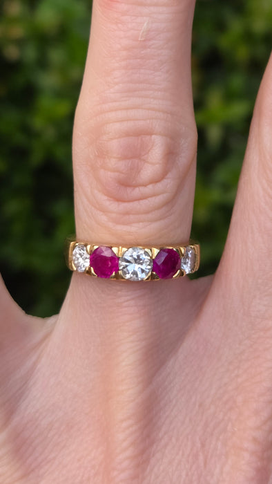 Vintage: 18ct Yellow Gold Ruby 1.02ct & Diamond 1.00ct Five Stone Half Hoop Ring