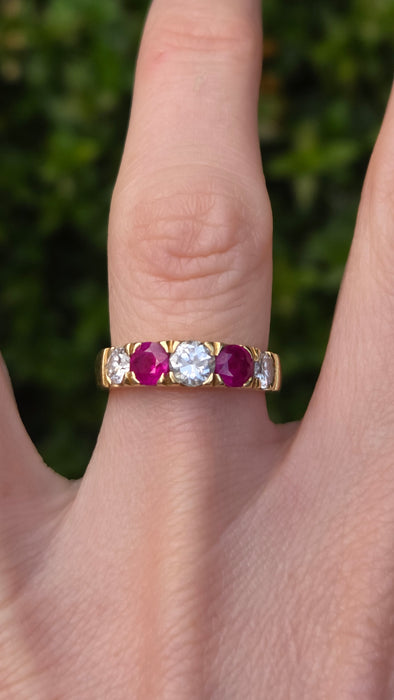 Vintage: 18ct Yellow Gold Ruby 1.02ct & Diamond 1.00ct Five Stone Half Hoop Ring