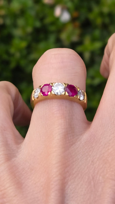 Vintage: 18ct Yellow Gold Ruby 1.02ct & Diamond 1.00ct Five Stone Half Hoop Ring