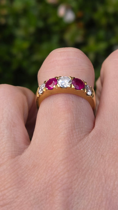 Vintage: 18ct Yellow Gold Ruby 1.02ct & Diamond 1.00ct Five Stone Half Hoop Ring