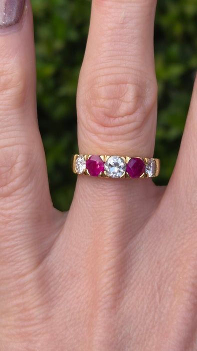 Vintage: 18ct Yellow Gold Ruby 1.02ct & Diamond 1.00ct Five Stone Half Hoop Ring