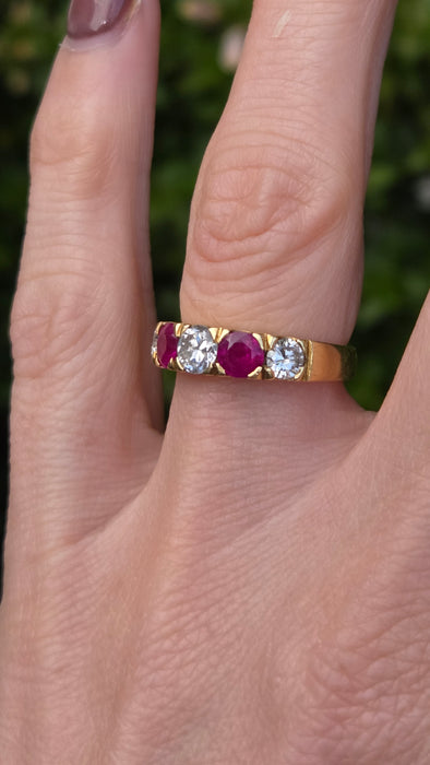 Vintage: 18ct Yellow Gold Ruby 1.02ct & Diamond 1.00ct Five Stone Half Hoop Ring