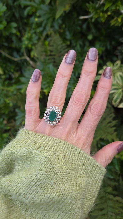 Vintage: 18ct Yellow Gold Emerald 2.13ct & Diamond 1.12ct Double Row Flowerhead Cluster Ring