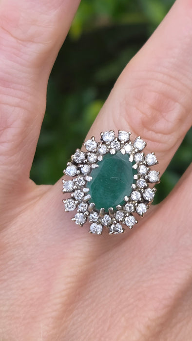Vintage: 18ct Yellow Gold Emerald 2.13ct & Diamond 1.12ct Double Row Flowerhead Cluster Ring