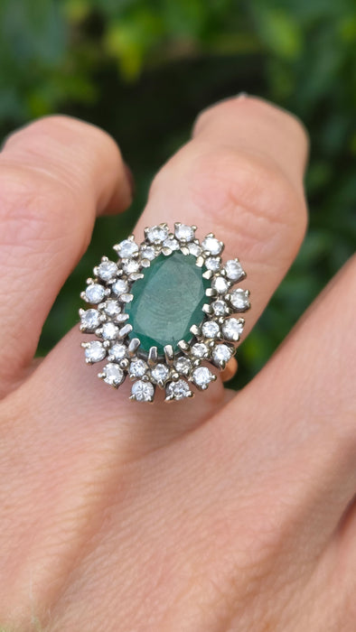Vintage: 18ct Yellow Gold Emerald 2.13ct & Diamond 1.12ct Double Row Flowerhead Cluster Ring