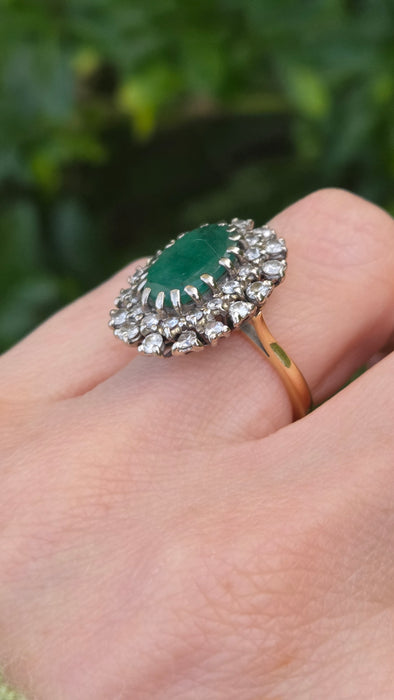 Vintage: 18ct Yellow Gold Emerald 2.13ct & Diamond 1.12ct Double Row Flowerhead Cluster Ring