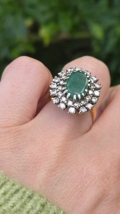Vintage: 18ct Yellow Gold Emerald 2.13ct & Diamond 1.12ct Double Row Flowerhead Cluster Ring