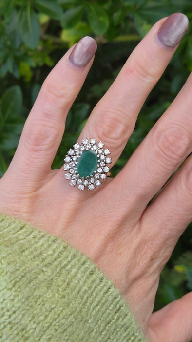 Vintage: 18ct Yellow Gold Emerald 2.13ct & Diamond 1.12ct Double Row Flowerhead Cluster Ring