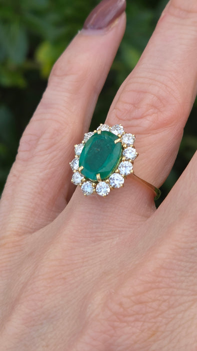 Vintage: 18ct Yellow Gold Emerald 2.45ct & Diamond 1.50ct Oval Cluster Dress Ring — From 1980