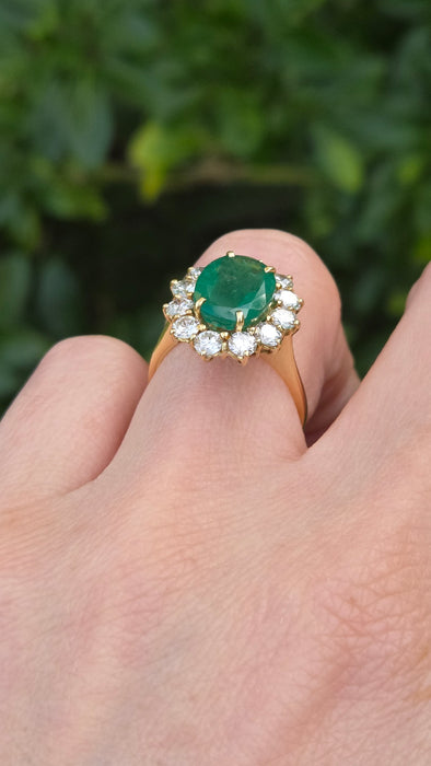 Vintage: 18ct Yellow Gold Emerald 2.45ct & Diamond 1.50ct Oval Cluster Dress Ring — From 1980
