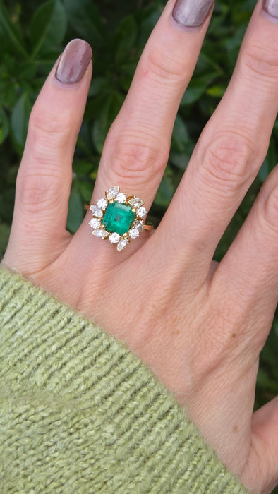 Vintage: 18ct Yellow Gold Emerald 2.42ct & Diamond 1.50ct Artisan Cluster Ring