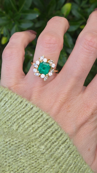 Vintage: 18ct Yellow Gold Emerald 2.42ct & Diamond 1.50ct Artisan Cluster Ring