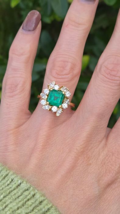 Vintage: 18ct Yellow Gold Emerald 2.42ct & Diamond 1.50ct Artisan Cluster Ring