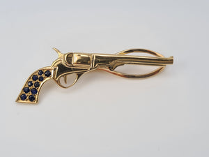 4071:Vintage: (1982) 9ct Gold Blue Sapphires "Pistol" Tie Pin- 41 years old collectors item