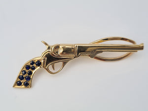 4071:Vintage: (1982) 9ct Gold Blue Sapphires "Pistol" Tie Pin- 41 years old collectors item