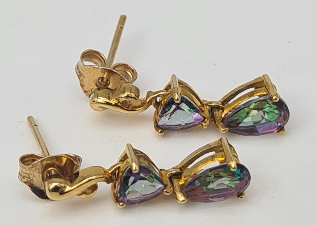 4968: Vintage: 9ct Gold Caribbean Topaz Drop Stud Earrings- petite colour changers