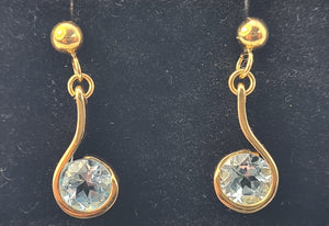 5341: Vintage:9ct Gold round Cut Swiss Blue Topaz Drop Earrings- lovely cut and colours