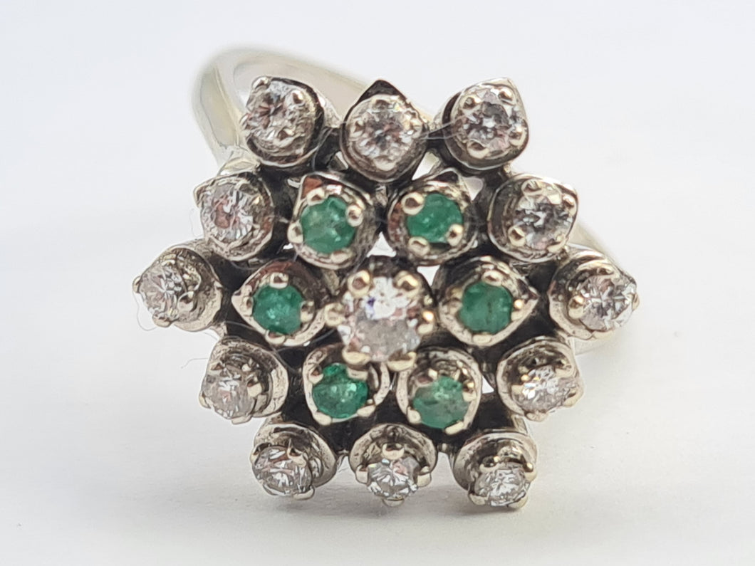 5530: Vintage Large:18ct White Gold Diamonds  Emeralds Cluster Ring- exquisite eye candy-