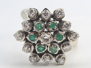 5530: Vintage Large:18ct White Gold Diamonds  Emeralds Cluster Ring- exquisite eye candy-