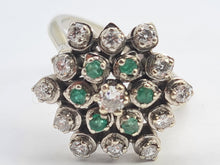 Load image into Gallery viewer, 5530: Vintage Large:18ct White Gold Diamonds  Emeralds Cluster Ring- exquisite eye candy-
