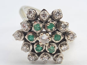 5530: Vintage Large:18ct White Gold Diamonds  Emeralds Cluster Ring- exquisite eye candy-