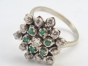 5530: Vintage Large:18ct White Gold Diamonds  Emeralds Cluster Ring- exquisite eye candy-