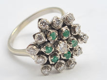 Load image into Gallery viewer, 5530: Vintage Large:18ct White Gold Diamonds  Emeralds Cluster Ring- exquisite eye candy-
